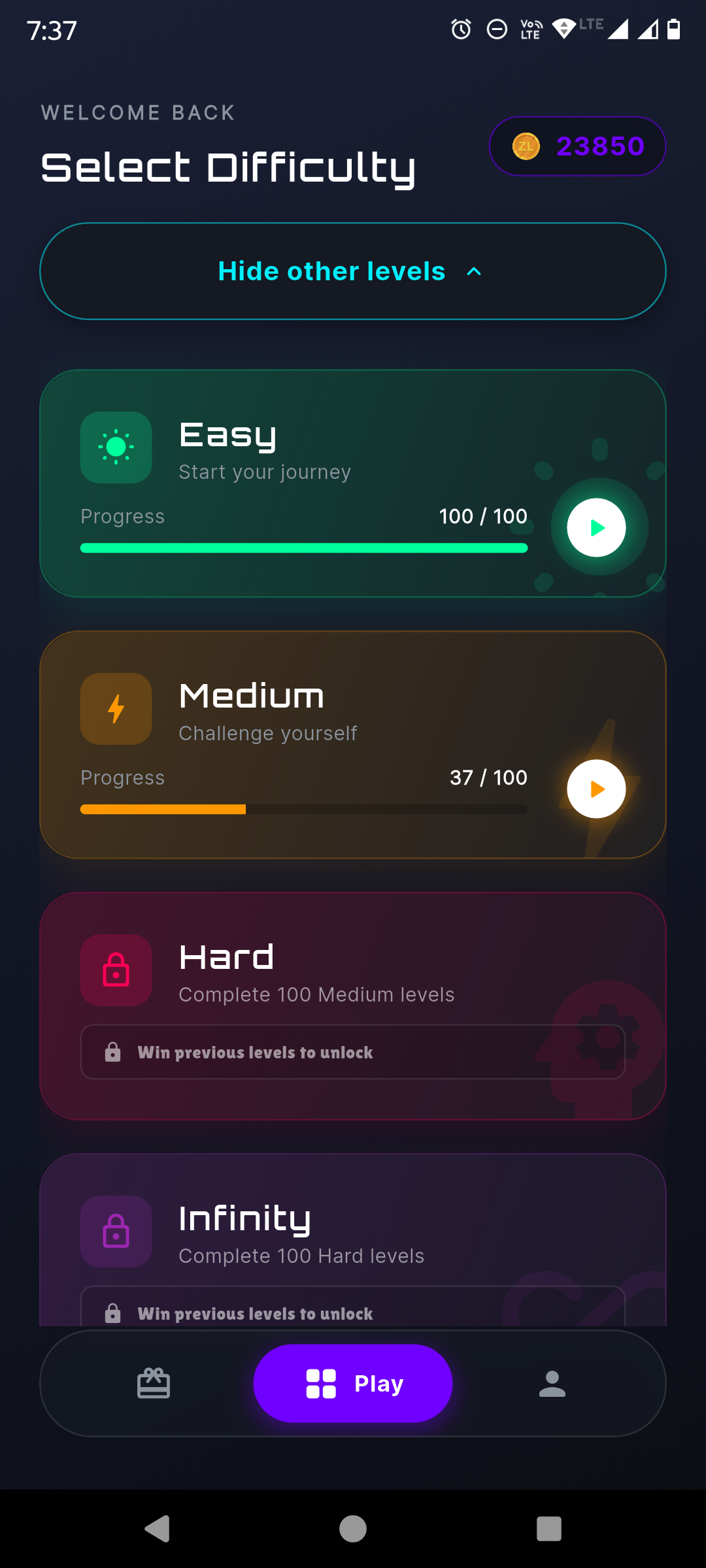 ZeepBox Puzzle Game level selection screen with easy, medium, hard, and infinity modes