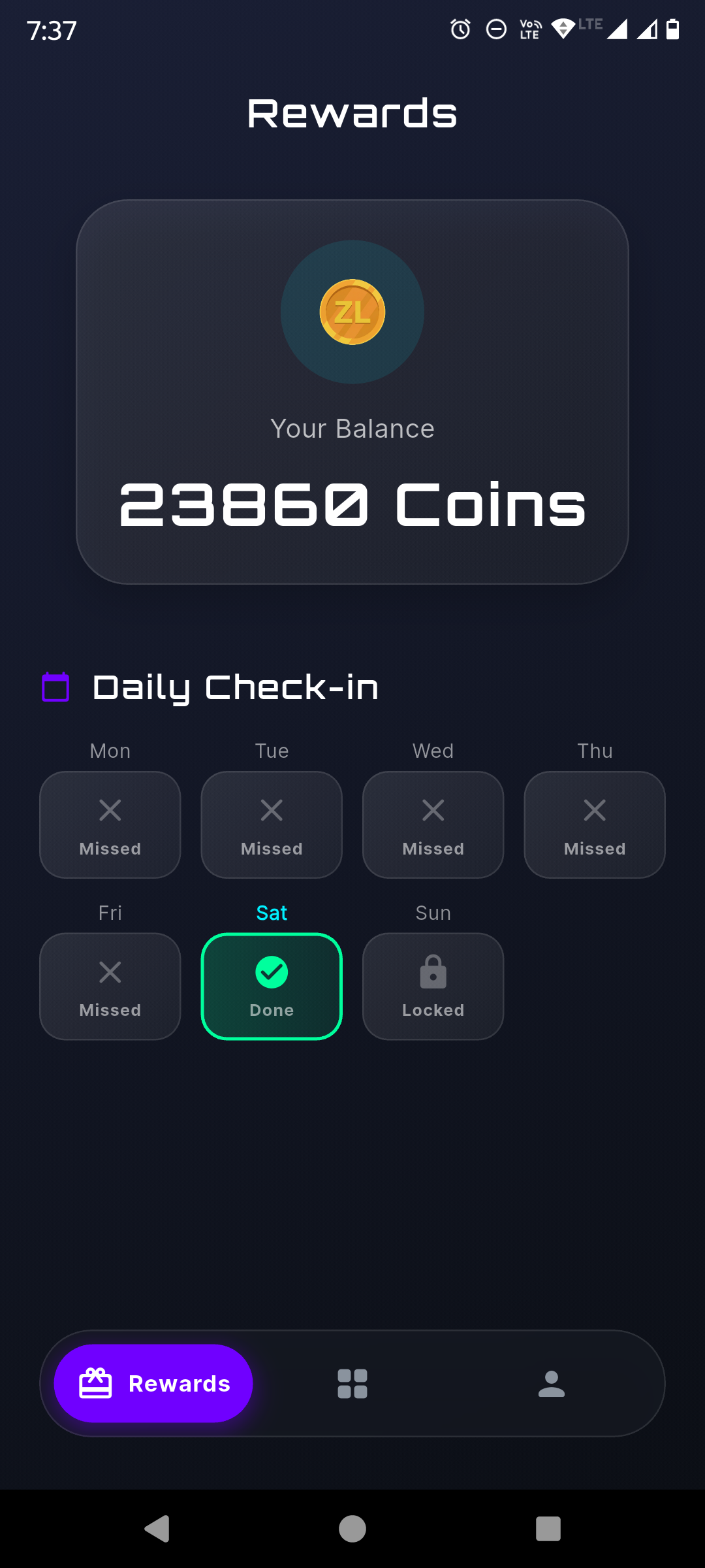 ZeepBox Puzzle Game rewards and daily check-in screen