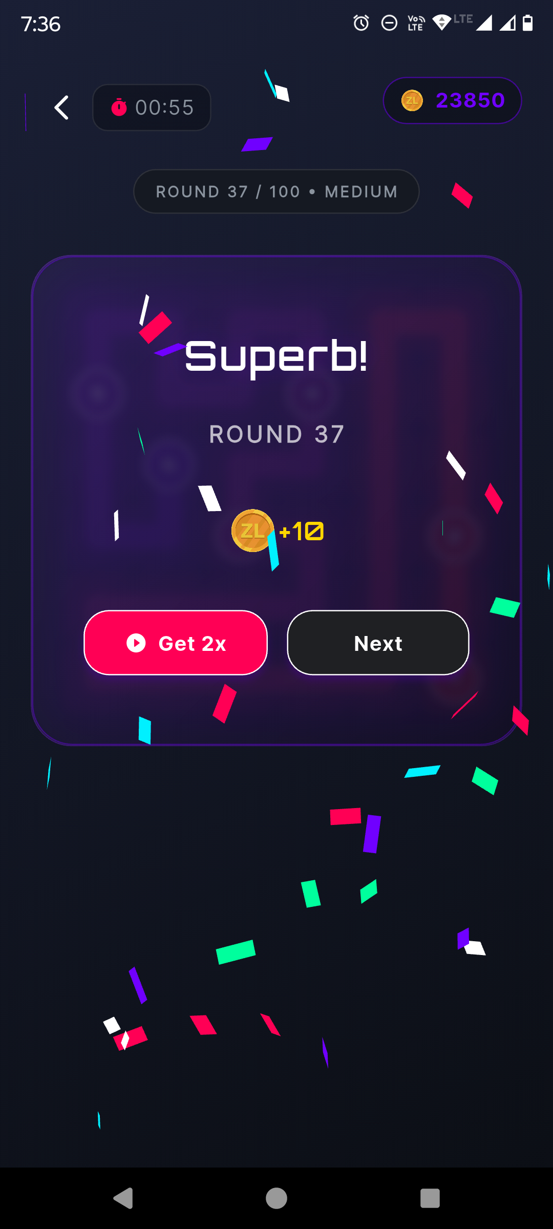 ZeepBox Puzzle Game round complete success screen with coin reward