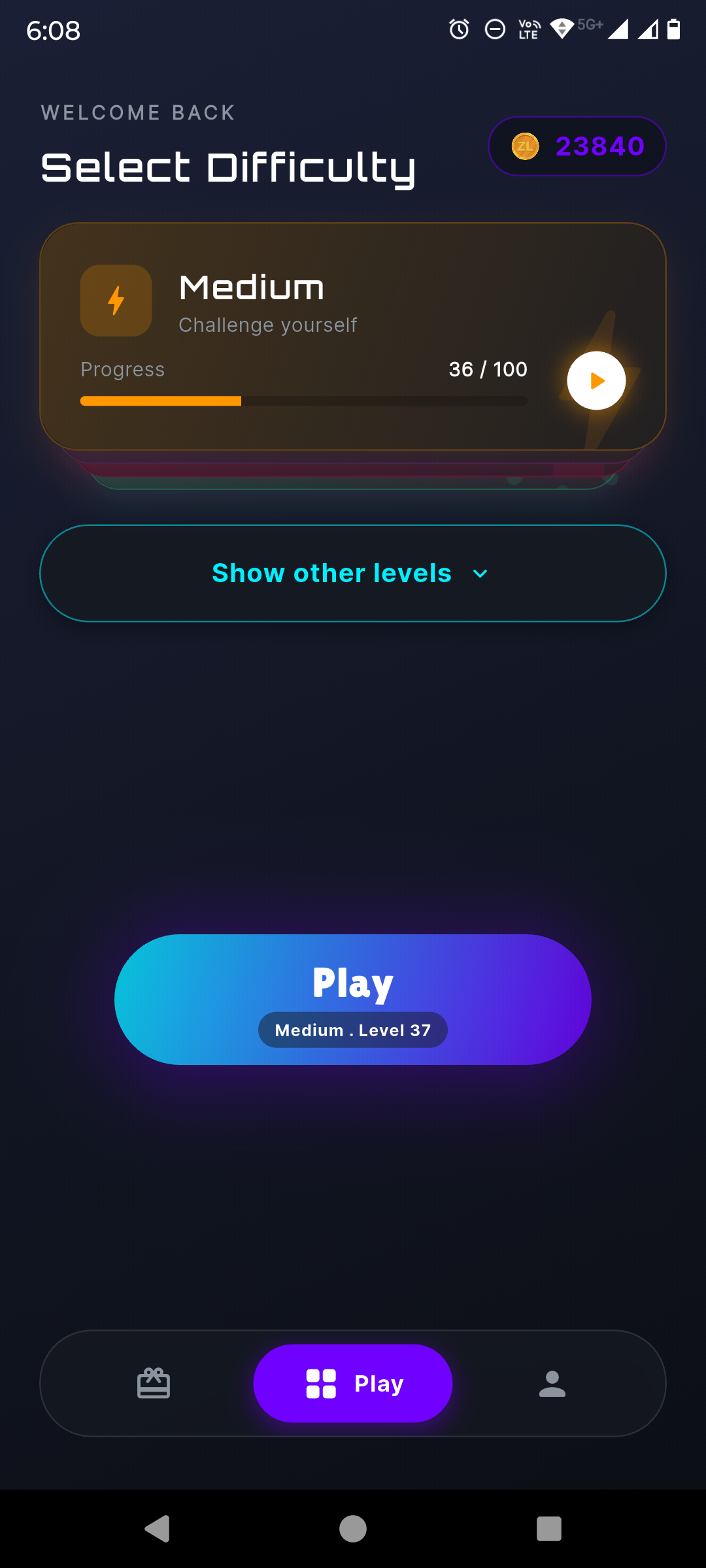 ZeepBox Puzzle Game difficulty selection screen with progress levels